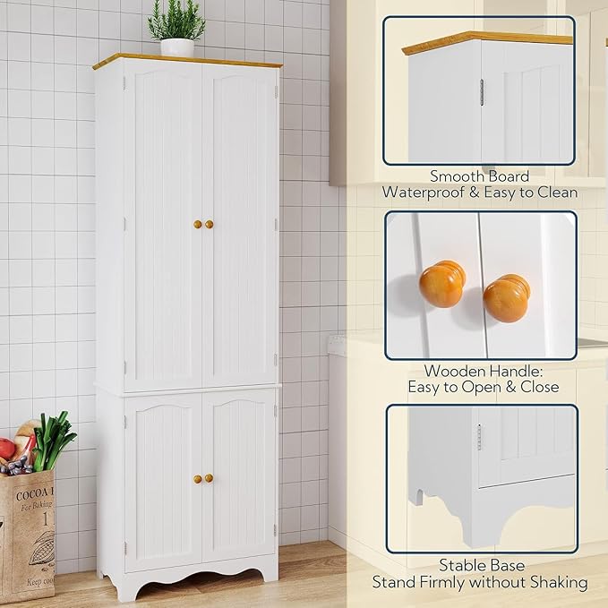 Yusong 72'' Tall Kitchen Pantry Cabinet, Freestanding Storage Cabinet with Doors and Shelves, Wooden Food Pantry Farmhouse Cupboard Buffet for Kitchen Dining Living Room, White