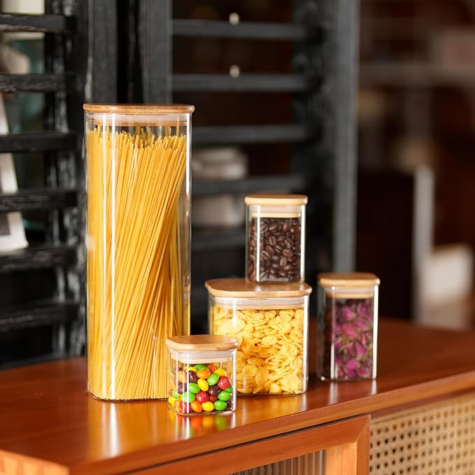 SHOWIN Glass Food Storage Jars Square 51oz, 3 Pack Glass Jars With Bamboo Lids, Kitchen Storage Containers For Spice, Candy, Cookie, Storage For Pantry Organizers