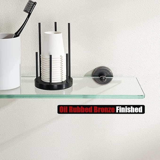 JQK Bathroom Glass Shelf Oil Rubbed Bronze, Tempered Glass Shower Storage 16 by 5 inches, 304 Stainless Steel ORB Wall Mount 2 Pack, TGS101L16-ORB-P2