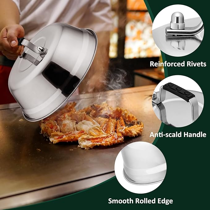 3Pcs Basting Cover & Smash Burger Press, Leonyo 12"- 9"- 6.5" Cheese Melting Dome, Stainless Steel Bacon Press Griddle Dome Steam Lids Smash Burger Kit for Kitchen, BBQ Flat Top Grill, Teppanyaki