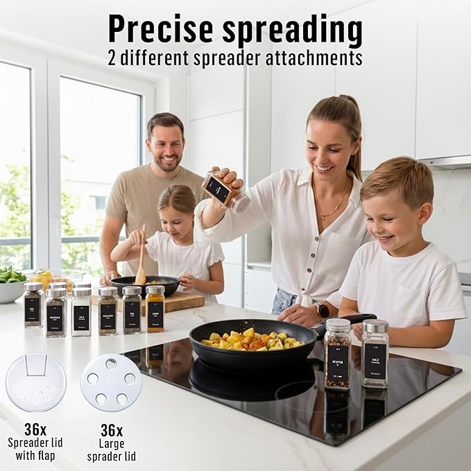 Deco haus Glass Spice Jars with Stainless Steel Lids 36 x 4oz [LABELS incl] Spice Containers with 280 Labels, Funnel & Chalk Marker - Empty Herb Seasoning Containers, Small Seasoning Bottles for Herb