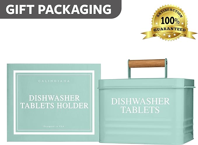 Calindiana Modern Farmhouse Metal Dishwasher Pods Container with Lid for Kitchen Organization and Storage, Kitchen Essentials Decor Accessories, Dishwasher Pods Holder, Mint