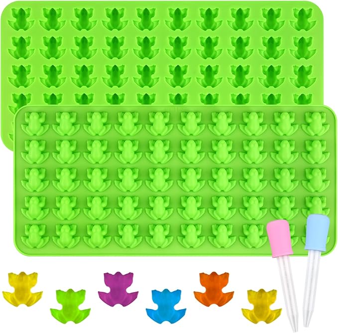 Sakolla Mini Frog Candy Molds, 100 Cavities Silicone Molds for Chocolate, Gummy, and Mints, Set of 2 with 2 Droppers (Green)