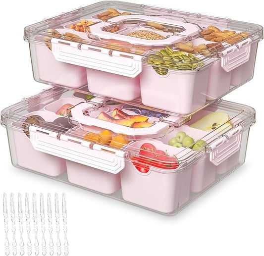 REBECAT Divided Serving Tray with Lid and Handles 9 Compartments Snack Box Container Charcuterie Organizer Snackle Box Container for Candy,Nuts，Fruits,Snacks,2 Pack,Pink