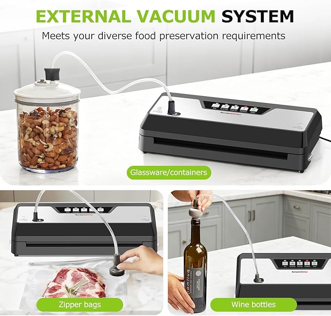 Bonsenkitchen Vacuum Sealer Machine with Built-in Cutter and Bag Storage for Sous Vide and Meal Prep | Compact Food Sealer with Multiple Modes | 1 Roll Bag & 5 Pre-Cut Bags, Black-Stainless Steel