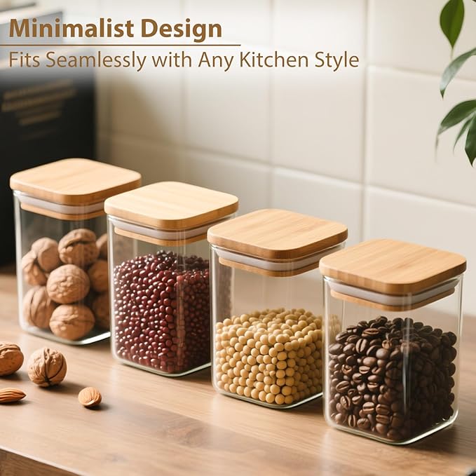 TBWIND 37oz(1.2Qt) Square Glass Storage Containers with Bamboo Lids – 4 Pack Clear Food Airtight Glass Jars for Pantry Organizers and Storage, Kitchen Dry Food, Coffee, Sugar, Flour, Snacks, Spices