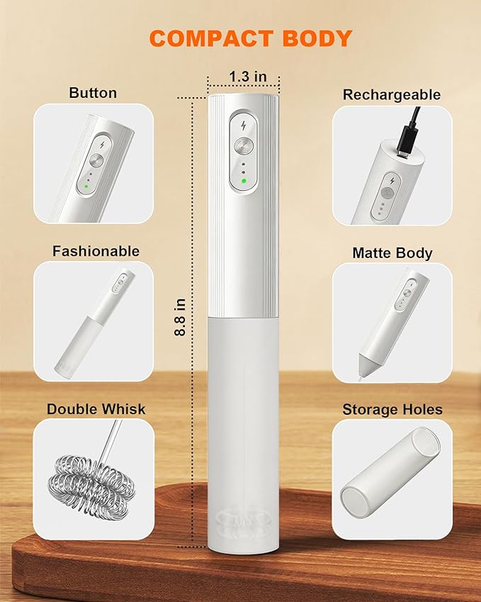 3-Speed Rechargeable Milk Frother with Cover, Dual Coil Whisk Coffee Frother Handheld - Portable Hand Frother Wand for Coffee Matcha Cappuccino & Hot Chocolate, Kitchen Gift, White
