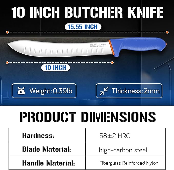 DRAGON RIOT Butcher Breaking Knife 10 Inch in High Carbon Stainless Steel, Razor Sharp Carving Slicing Knives for Meat Cutting, Professional Brisket Knife with Ergonomic Handle,Grilling Gifts for Men