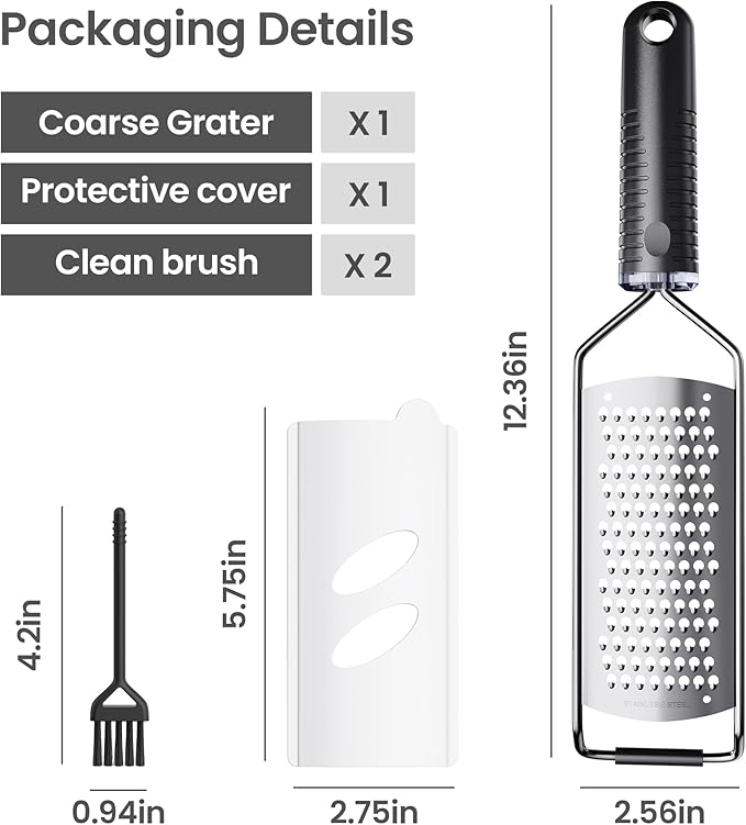 Coarse Grater for Cheese & Vegetables - Non-Slip Grip | Dishwasher Safe Stainless Steel (Black)