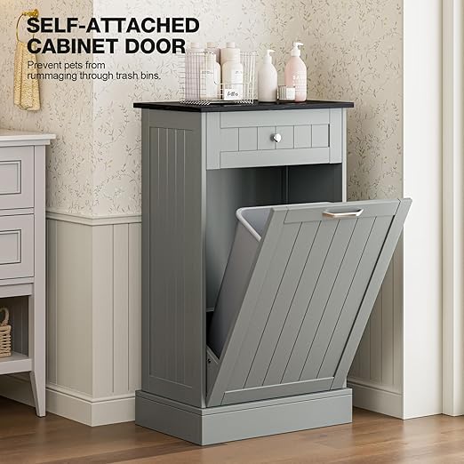 GAZHOME 10 Gallon Tilt Out Trash Cabinet, Upgrade Wooden Free Standing Recyclin Trash Cabinet with Hideaway Drawer(Gray)