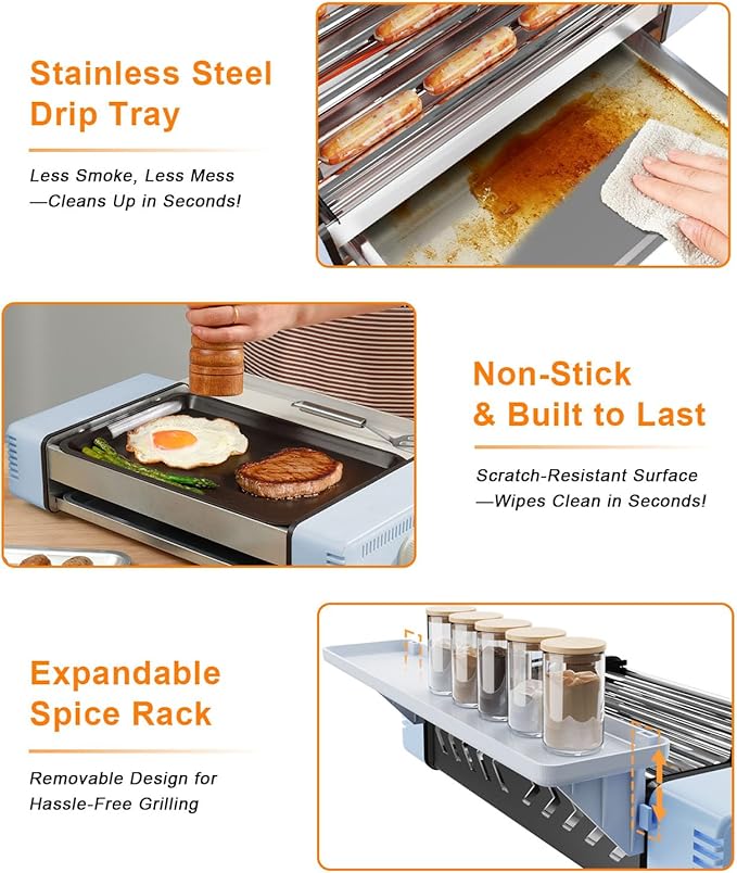 3-in-1 Electric Grill with Hot Dog Roller, Portable Indoor Outdoor BBQ Grill, Griddle and Sausage Roller Machine with Removable Non-Stick Plate & Drip Tray, for Tailgate, Camping, RV, Home Kitchen