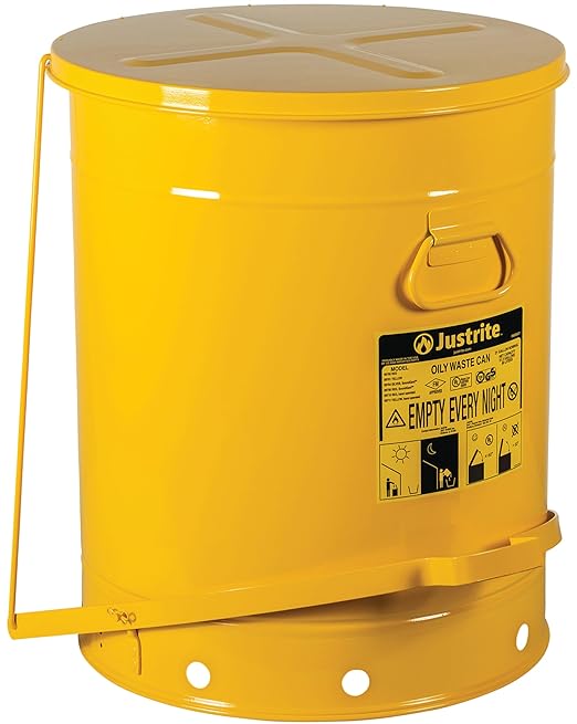 Justrite 21 Gallon Galvanized Steel Oily Waste Can, 23.5" x 18" Metal Oil Rag Safety Can with Foot Operated Self-Closing Lid for Oil Rag Disposal, Made in The USA, Yellow, 09701