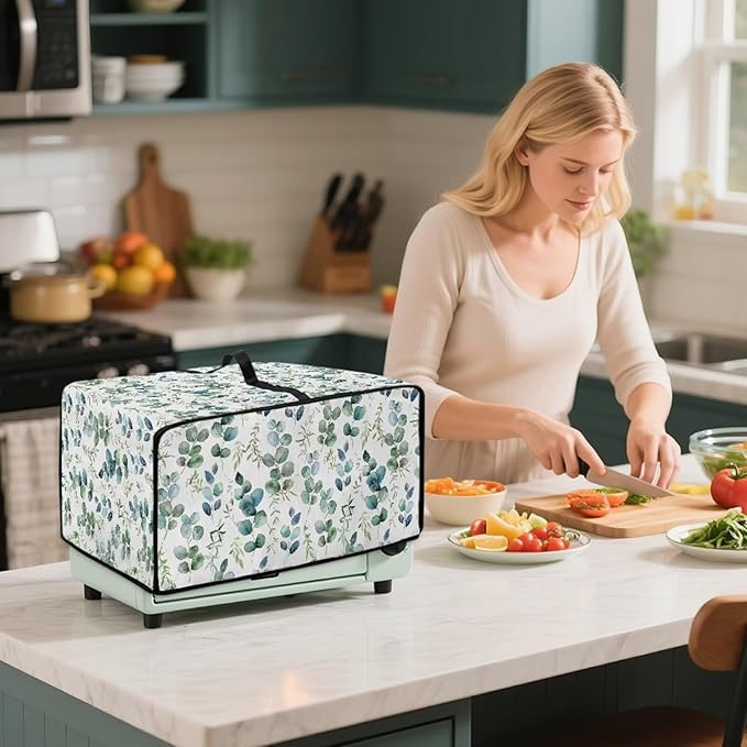 Countertop Convection Oven Cover Decorative and Protective Air Fryer Toaster Oven Dust Cover for Home Kitchen Indoor Decor, S, Eucalyptus Leaf Green White