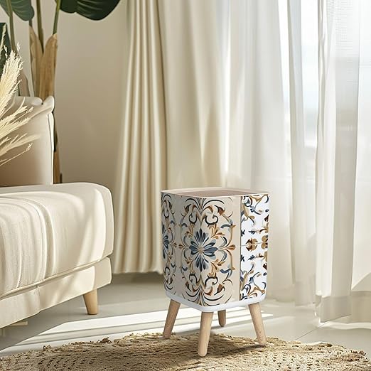 Small Trash Can with Lid Seamless Azulejo tile Portuguese Spain decor Ceramic tile Victorian Wastebasket with Press Cover Dog Proof Garbage Can Waste Bin for Kitchen Bathroom Nursery 2.6 Gallon