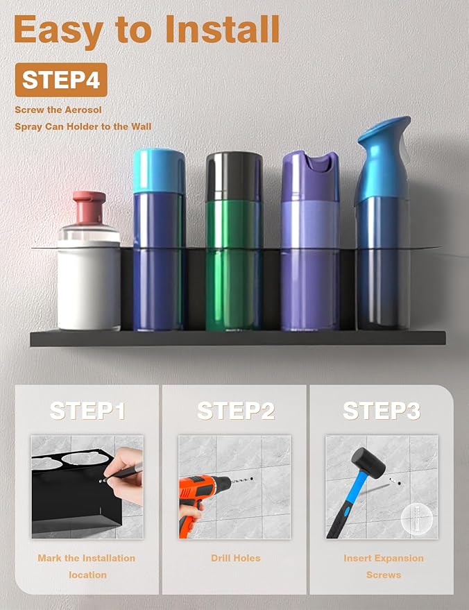 sogiv 4 Pack Spray Can Holder Organizer, Wall-Mounted Steel Spray Bottle Rack, Tool Box Storage Rack, 5 Cans Metal Paint Can Organizer for Garage, Workspace, Shop, Home or Tool Trailer, Black