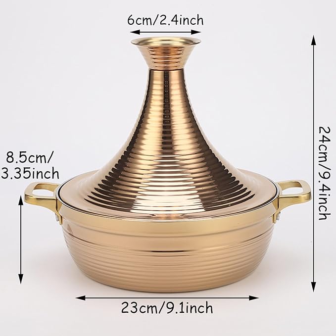 Moroccan Tagine Cooking Pot,Stainless Steel Non Stick Moroccan Casserole with 2 Handles,Large Moroccan Cooker Handmade Tagine Pot with Cone-Shaped Lid(23cm, Rose Gold)