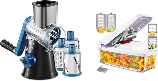 Geedel Rotary Cheese Grater, Kitchen Mandoline Vegetable Slicer with 3 Interchangeable Blades, Easy to Clean Grater and Vegetable Chopper, Onion Chopper Pro Food Chopper, Kitchen Slicer