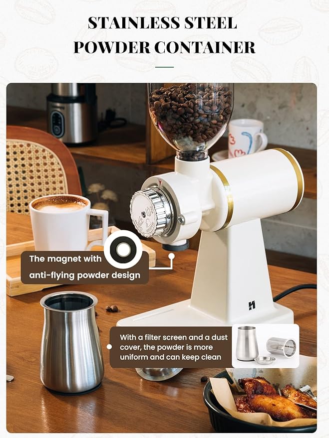 Huanyu Electric Coffee Bean Grinder 250G Commercial&Home Milling Grinding Machine 200W Automatic Burr Grinder Professional Miller 8 Fine - Coarse Grind Size Settings (White)