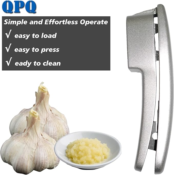 QPQ 2-in-1 Professional Garlic Press and Peeler Set, Aluminum Kitchen Tool with Built-in Cleaner, Manual Crusher and Mincer for Unpeeled Garlic Cloves,Fast And Portable Garlic Peeler