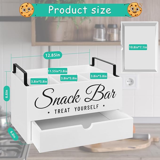 Snack Organizer for Countertop, Wood Pantry Storage Bins with Handles, Snack Organizer for Pantry, Kitchen, 4 Compartment Food Container Snack Box with Drawer, Pantry Organizer for Snacks, Chips