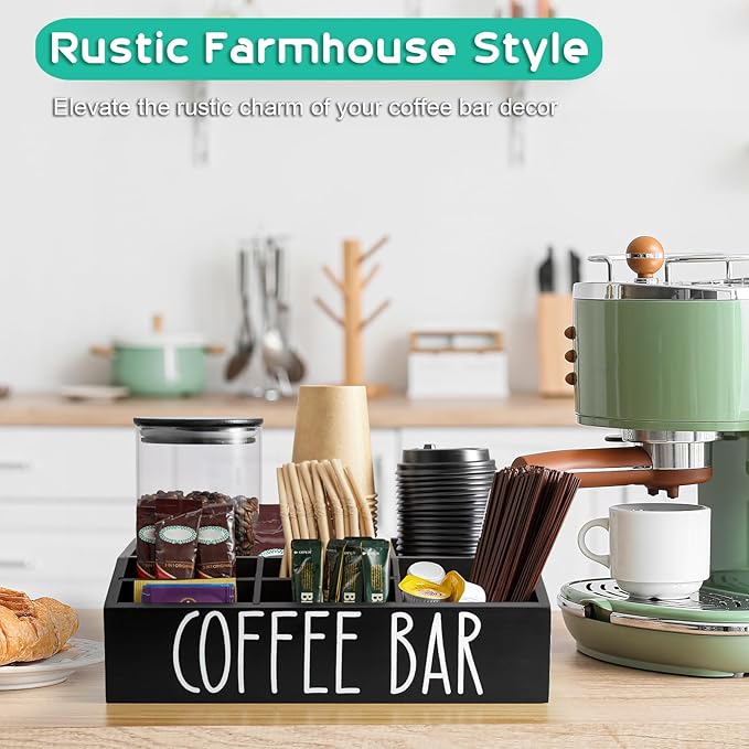 ALELION Coffee Station Organizer for Countertop - 7 Compartments Coffee Bar Accessories and Organizer with Removable Dividers - Black Coffee and Tea Condiment Organizer
