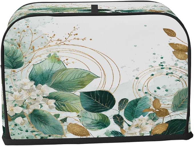 4 Slice Toaster Cover,Sage Green Eucalyptus Leaves Floral Gold Line Small Kitchen Appliance Bread Machine Cover with Pockets,Dust & Fingerprint Protection