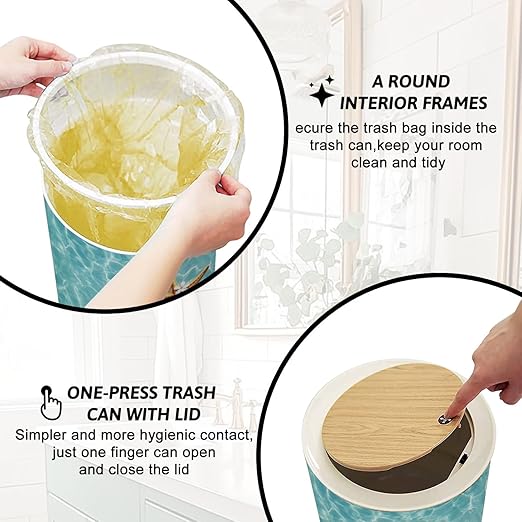 Trash Can with Lid Starfish Flower Summer Beach sea Water Summer Press Top Round Small Garbage Bin with Wooden Legs Waste Basket for Kitchen Bedroom Nursery 7L/1.8 Gallon