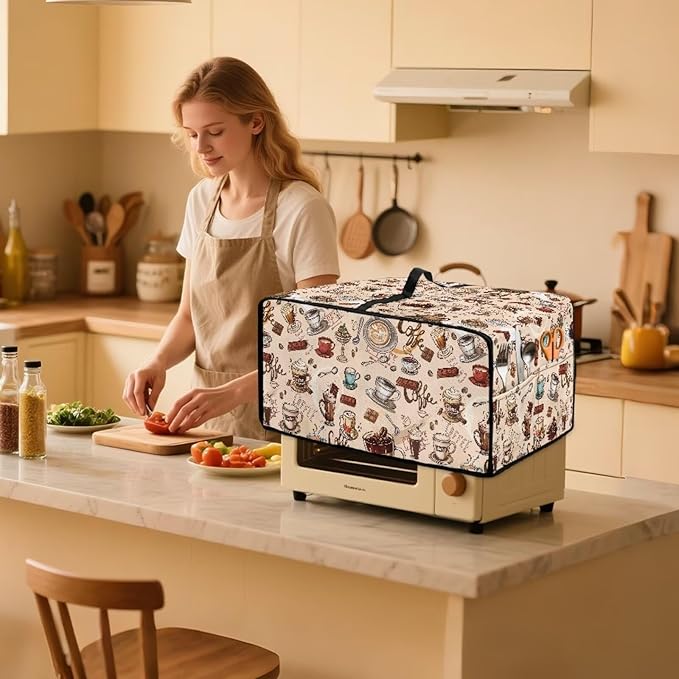 Toaster Oven Dust Cover Small Kitchen Appliance Cover for Countertop Convection Ovens,Small Appliances, S, 14.5 x 18.5 x 9 Inches, Coffee Chocolate Print Beige