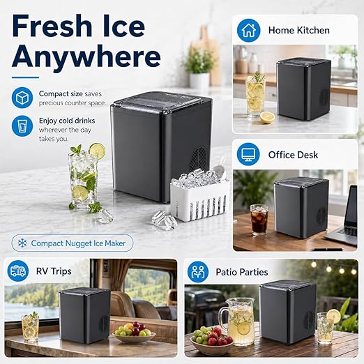 Countertop Ice Maker Machine, 9 PCS/ 6Mins Compact Nugget Ice Maker, 2 Size Ice Cube, Self Cleaning, for Home Kitchen Office Bar RV Apartment Camping White