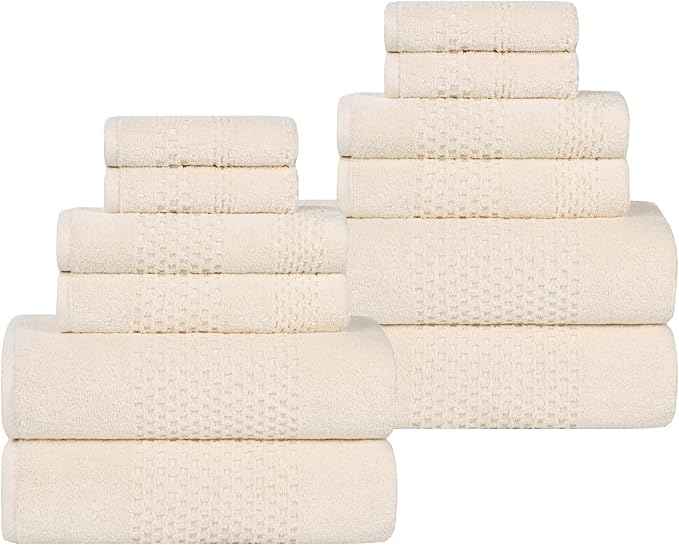 Superior Playa Zero Twist Cotton Medium Weight Towels, for Guest Bath, Bathroom, Shower, Spa, Plush, Quick Dry, Ultra-Soft Towels, Bath Essentials, Waffle Textured, 12 Piece Assorted Towel Set, Ivory