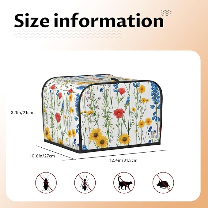 Summer Wildflower Covers for 4 Slice Toasters,Cute Country Bread Machine Cover with Handle,Washable Stain Resistant Kitchen Small Appliance Cover Dining Decor