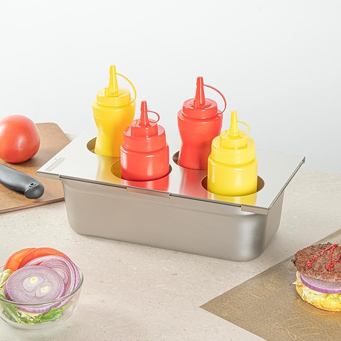 Restaurantware Squeeze Bottle Template Pack of 1 Stainless Steel 4 Hole Holder Top, 3.25" Diameter Fits 1/3 Size Food Pans, Dishwasher Friendly Integrated Lip Design Holder Top for Condiment Bottles