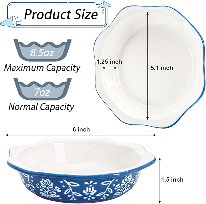 Bekith 4 Pack Ceramic Mini Pie Pans, 6 Inches Fluted Dish Pie Plate, Nonstick Small Quiche Baking Dish Mini Tart Pan, Microwave & Oven Safe
