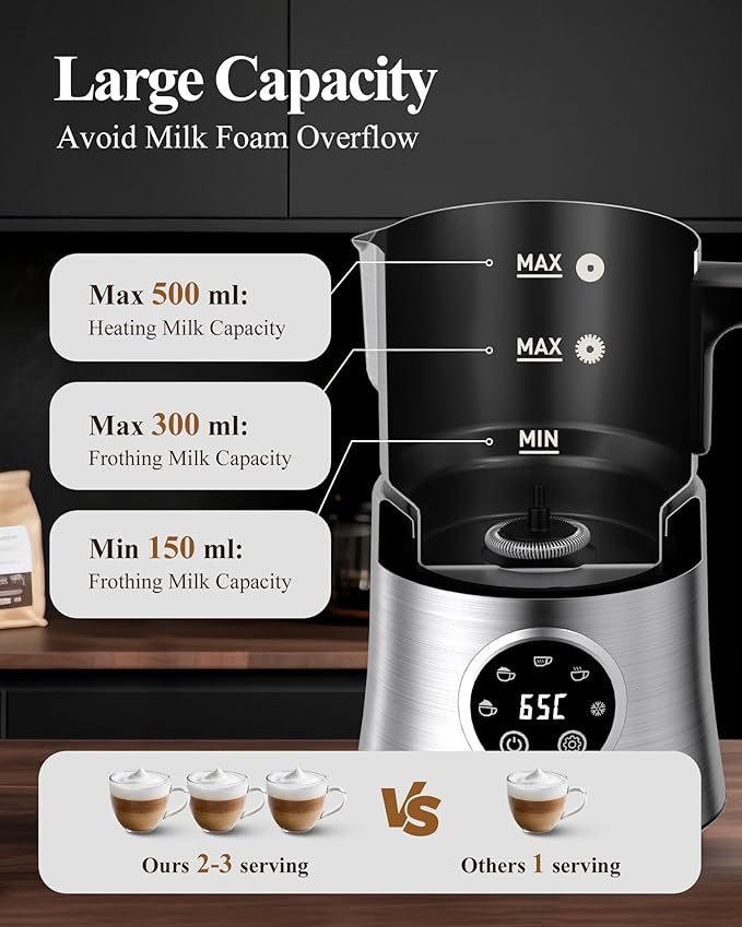 Electric Milk Frother: 16.9oz/500ml Large Capacity Dishwasher Safe Milk Steamer for Hot & Cold Milk Froth - Automatic Milk Frother & Warmer for Latte, Cappuccinos, Macchiato, Hot Chocolate