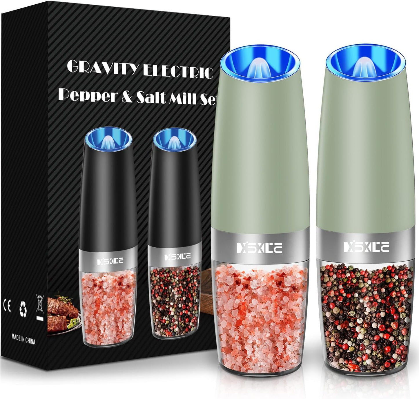 Gravity Electric Pepper and Salt Grinder Set, Adjustable Coarseness, Battery Powered with LED Light, One Hand Automatic Operation,Light Green, 2 Pack