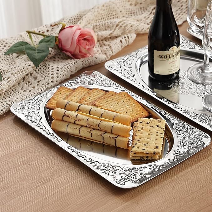 Elegant Dining Hosting Bundle: 4-Pack Vintage Floral Silver Serving Trays (11.4" x 7") & 20-Piece Hammered Silverware Set for 4, Premium Stainless Steel Party Platters and Lava Texture Cutlery Set