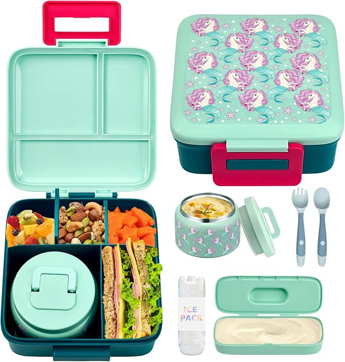 Bento Lunch Box for Kids with 8oz Soup Thermo,Leak-Proof Lunch Containers with 5 Compartment,Thermo Food Jar Food Containers for School (Blue-Unicorn)