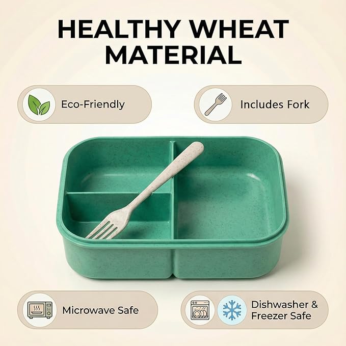 MISS BIG® Bento Box for Adults – Reusable Wheat Material Lunch Box with Compartments, Leak Proof Food Container for Meal Prep, Work & Home – Microwave & Dishwasher Safe Adult Lunch box(1900ml Green)