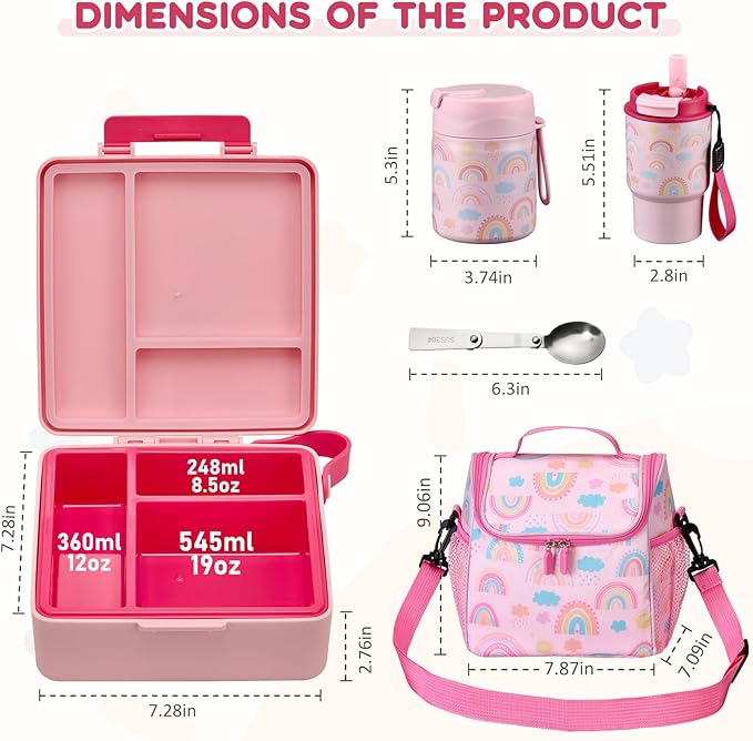 Pawtong Lunch Box Set with Bento Box Container, 17OZ Stainless Steel Food Soup Thermo, Kids Water Bottle & Portable Insulated Lunch Bag – Leakproof, Hot/Cold Retention for School, Travel(Pink-Rainbow)