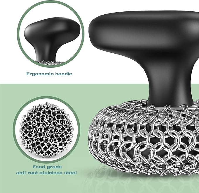 Cast Iron Scrubber | Dish Scrub Brush | 316 Cleaner Chainmail Scrubber for Cast Iron Pan Skillet Cleaner - Dish Scouring Pad Dishwasher Safe Cleaning Kit, Black 02