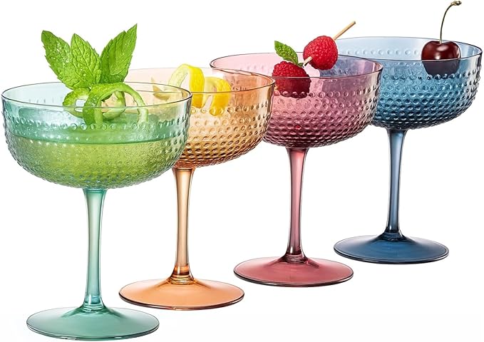 Khen Muted Hobnail Coupes Vintage Textured Pastel Style Cocktail Martini Champagne Saucer Retro Colored Glass Goblets |Set of 4 | 10.15oz Durable Glassware Decorative Barware Classic Party Drink
