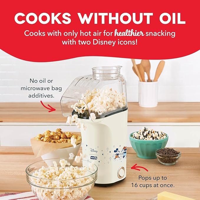 Disney DASH Fresh Pop Popcorn Maker - Oil-Free, Air Popcorn Popper - With Measuring Cup & Recipe Guide - Perfect for Movie Nights - 16 Cups, Mickey & Minnie Design