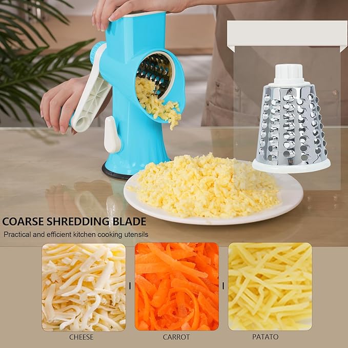Rotary Cheese Grater with Handle-Versatile Cheese Grater Non-Slip Suction Base,Cheese Shredder & Food Slicer for Cheese,Carrots, Cucumbers,Nuts-Compact & Easy Clean Kitchen Kitchen Tool (dark blue)