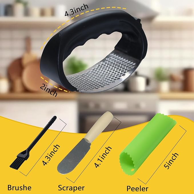 Stainless Steel Garlic Press Rocker Set - Heavy Duty Garlic Mincer, Crusher & Chopper with Silicone Peeler, Scraper & Cleaning Brush - Effortless Smasher and Grinder Tool for Easy Kitchen Prep (Green)