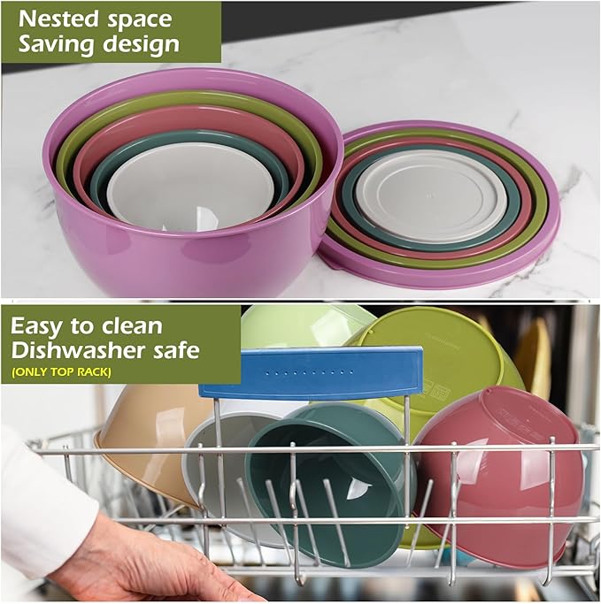 Greentainer Plastic Mixing Bowls with Lids Set for Kitchen, 5 Set Nesting Bowls for Mixing, Baking, Prepping, Cooking and Serving Food, Mixing Bowls Dishwasher, Microwave Safe