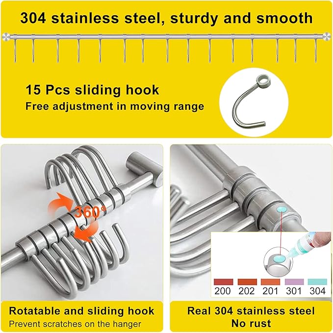 Kitchen Rail with Hooks, 30.5inch " Utensil Hanger with 15 Pcs Noiseless Sliding Hooks, Organizer Storage Holder Wall Mounted for Kitchen/Bathroom/Bedroom, 304 Stainless Steel, Silver