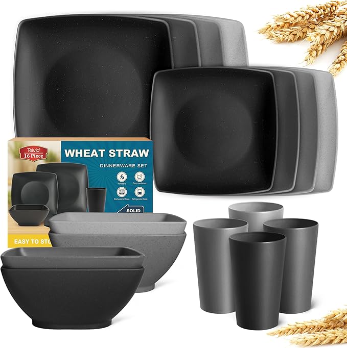 Teivio 16-piece Plastic Wheat Straw Square Dinnerware Set for 4, Unbreakable Dinner Plates, Salad Plates, Snack Bowls, Tumblers 13.5 oz, Dishwasher Safe, Gray Ombre