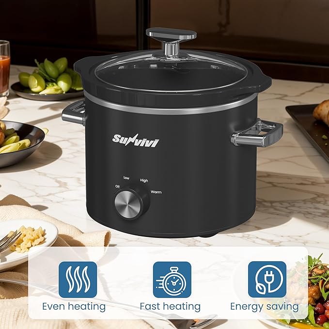 SUNVIVIPRO Small Slow Cooker with Removable Ceramic Pot, Food Warmer with 3 Heating Settings & Dishwasher Safe Glass Lid, Black