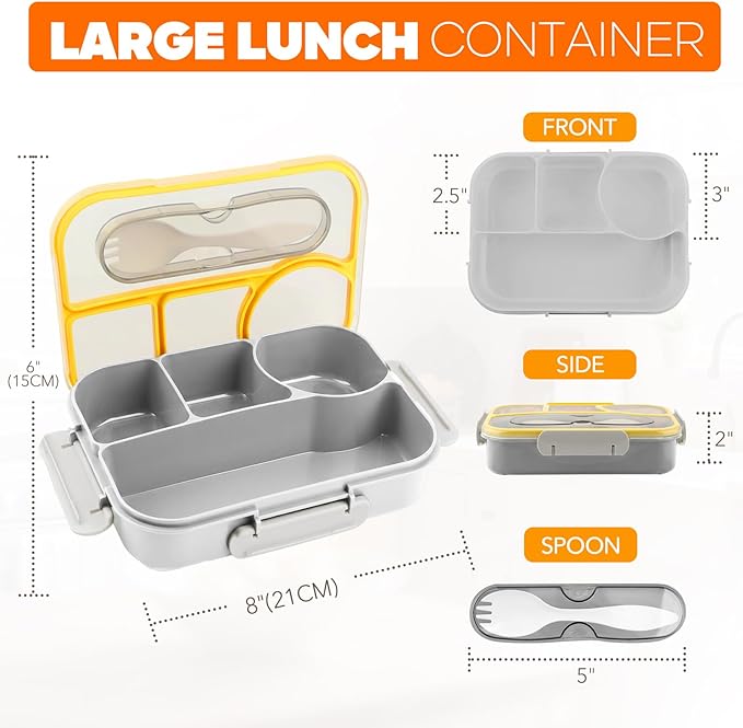 EASYFUN Bento Box Adult, Lunch Box, 4-Compartment Lunch Containers, Drop-Proof, Dishwasher Safe & Made with BPA-Free Materials (Grey)