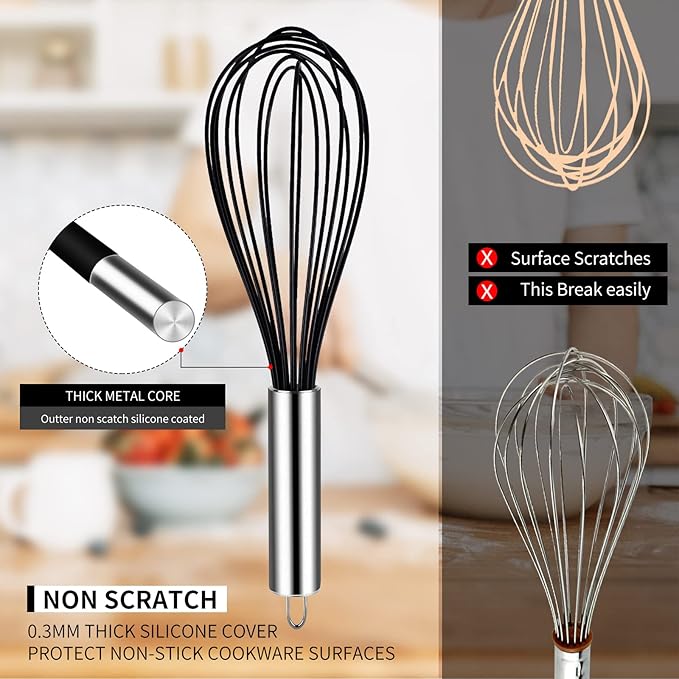 TEEVEA Silicone Whisk Set of 3 Non Scratch Non Stick Silicone Coated Stainless Steel Wire Whisks Heat Resistant 480°F Kitchen Wisk for Cooking Blending Whisking Tool Black